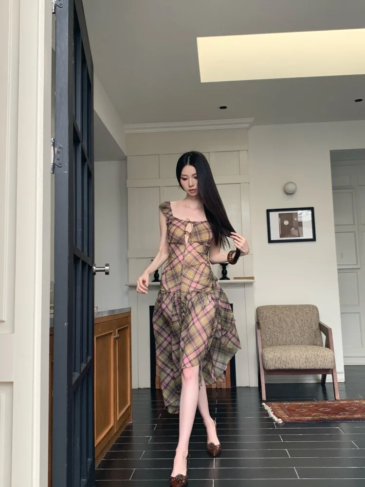 Summer Plaid Chiffon Chic Backless Sexy Sling Dress Women Elegant Bandage Casual Dress 2026 Korean Bodycon Luxury Evening Dress