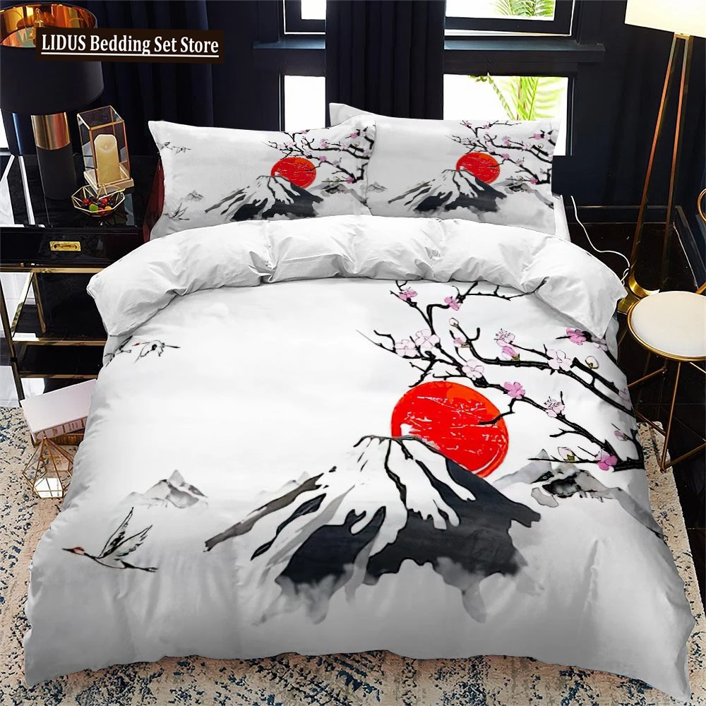 

Japanese-Style Duvet Cover Set King Queen Full Size Ukiyo-e Theme Wave Pattern Polyester Bedding Set Fuji Mountain Exotic Style