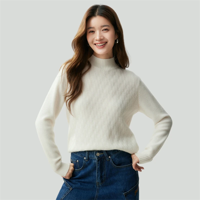Autumn Winter Women's 100%Cashmere Pullover Sweater Mock Neck Checkerboard Jacquard office ready cloud soft Long Sleeve Knit Top