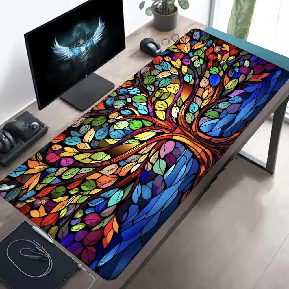 Stained Glass Flower Bird Art Gaming Mouse Pad Non Slip Rubber Keyboard Desk Mat Color Floral Print Desktop Gamer Table Mousepad
