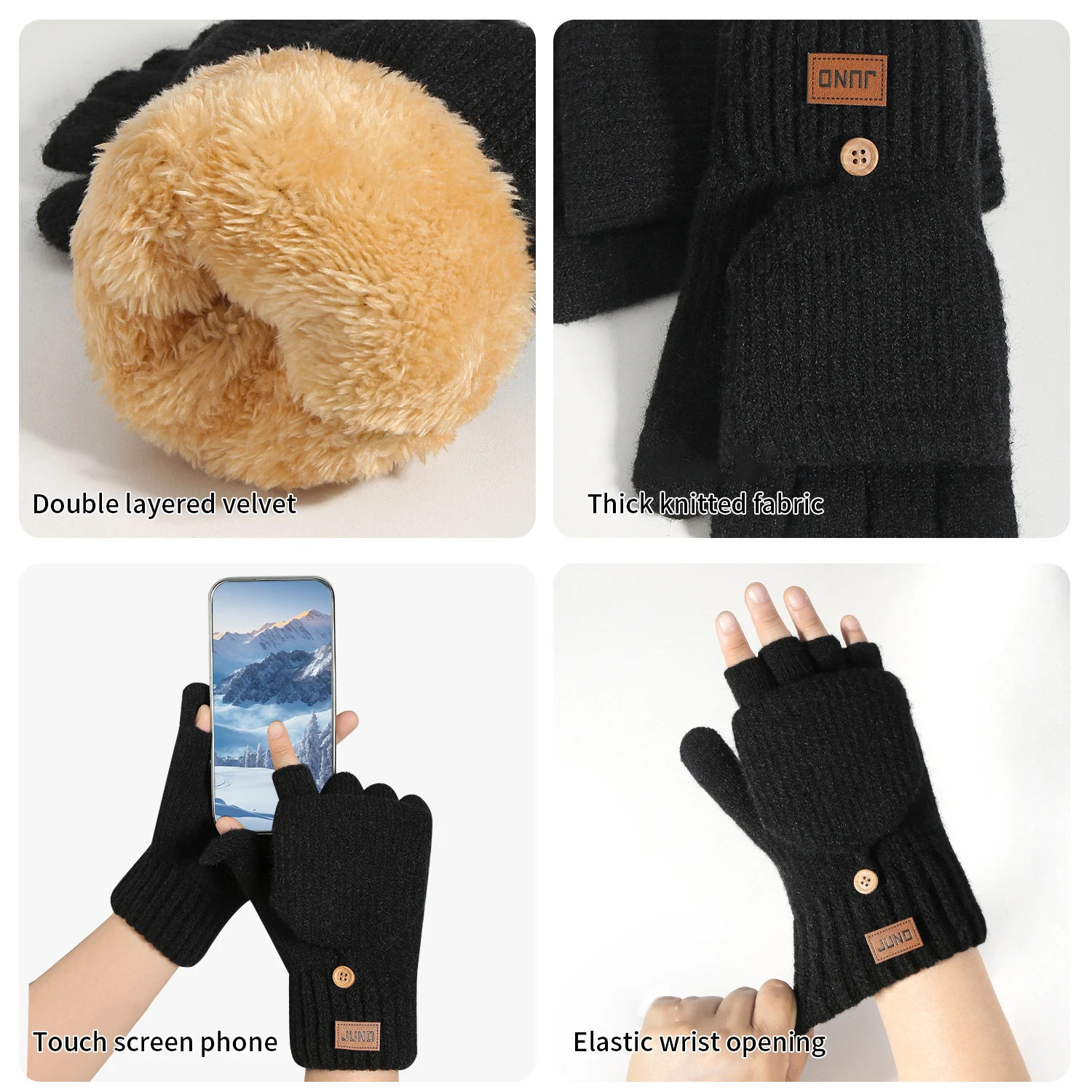 Men Convertible Fingerless Gloves Winter Typing Flip Top Mittens Office Knitted Thick Warm Fleece Lined Gloves Writing Study