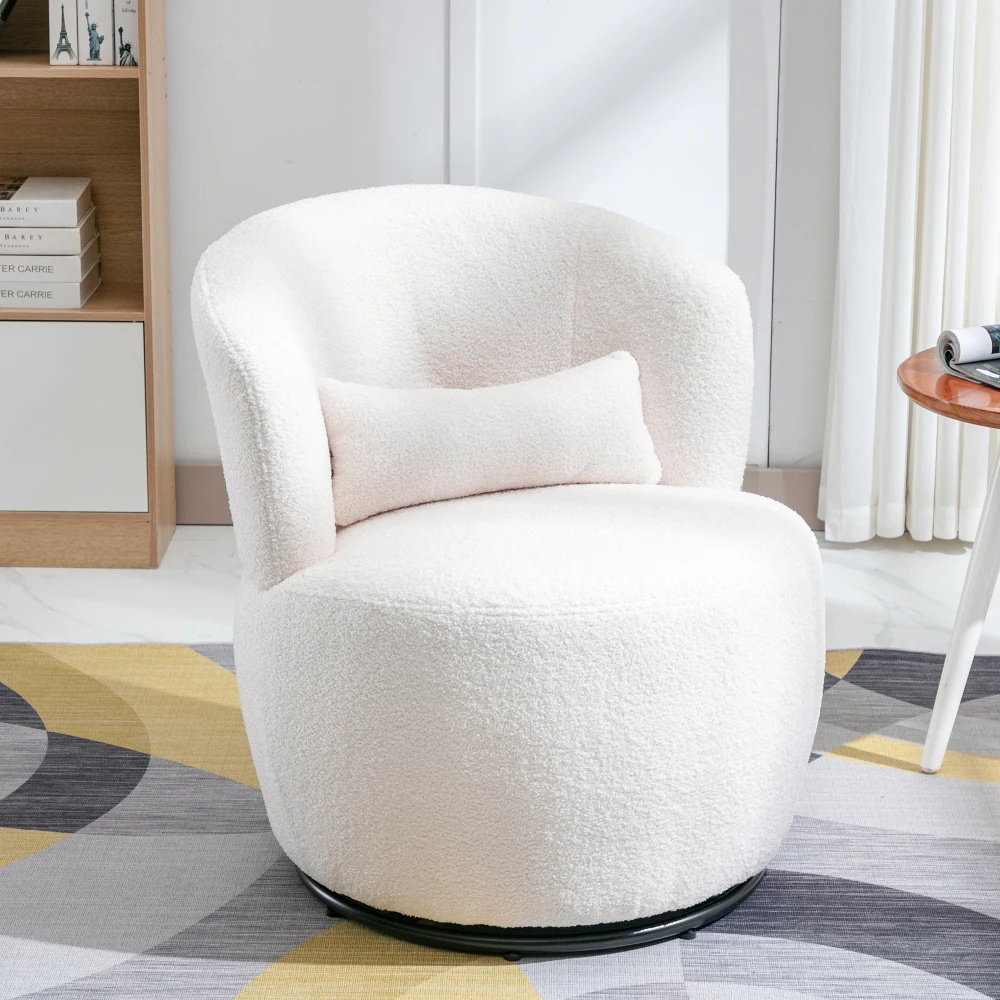 Silla giratoria de felpa de peluche blanca con cojín para la cintura: base giratoria de metal para pies, asiento cómodo para una relajación diaria