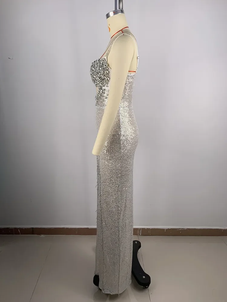 Women Summer Sexy Crystal Diamonds Silver Sequins Long Bodycon Dress 2024 Elegant Party Evening Stage Performance Dress Vestido