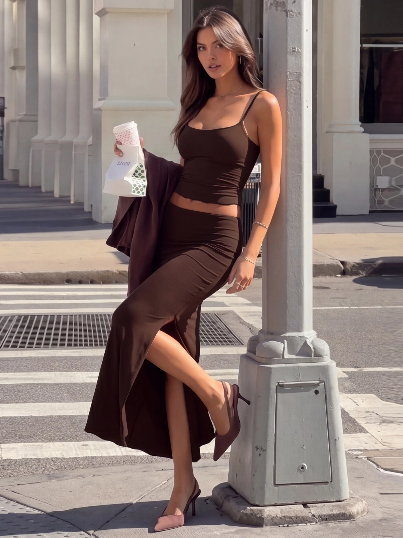 Hugcitar Women Fashion 2 Piece Sets Solid Slips Sexy Crop Camis Top Slit Maxi Skirt Summer Female Outfits Beach Vacation Club