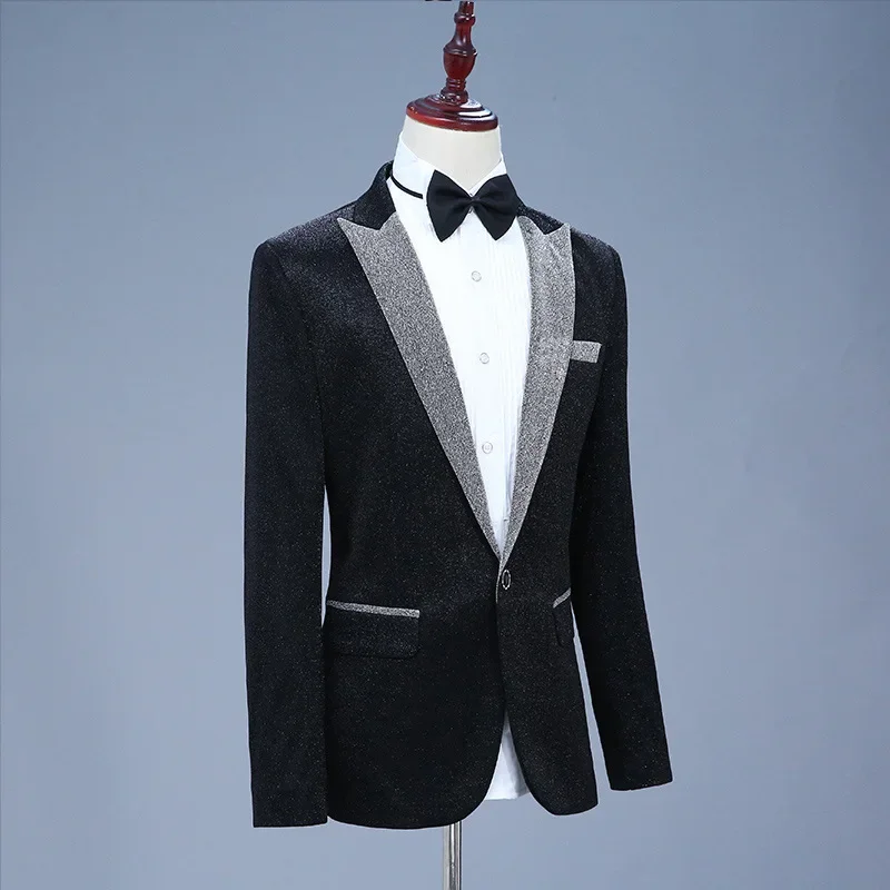 New Men Luxury Shiny Jacket Men's Nightclub Prom Suit Costume 2 Peice Set Lapel Blazer with Bow Tie Groomsmen Singer Clothes