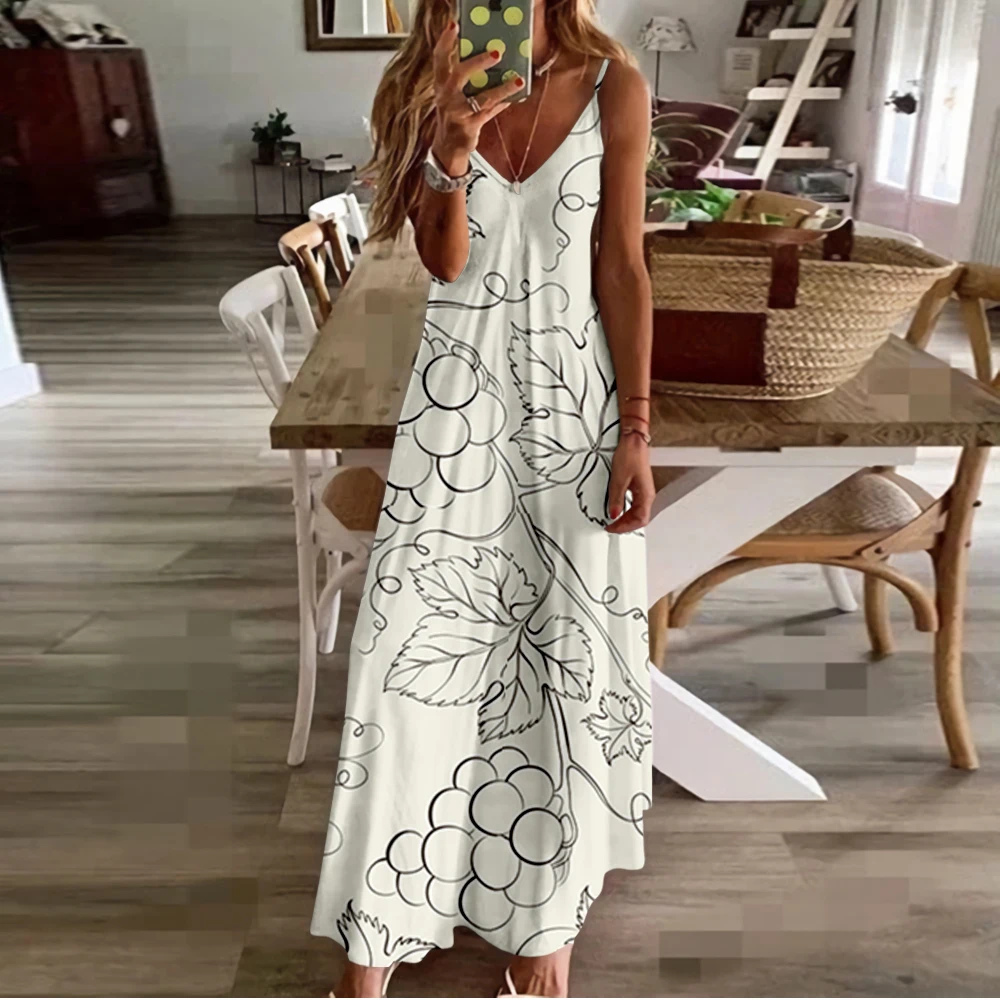

Spring Summer Women V-Neck Grape Printed Sexy Beach Long Maxi Dress Split Sleeveless Vintage Clothing Holiday Vestido