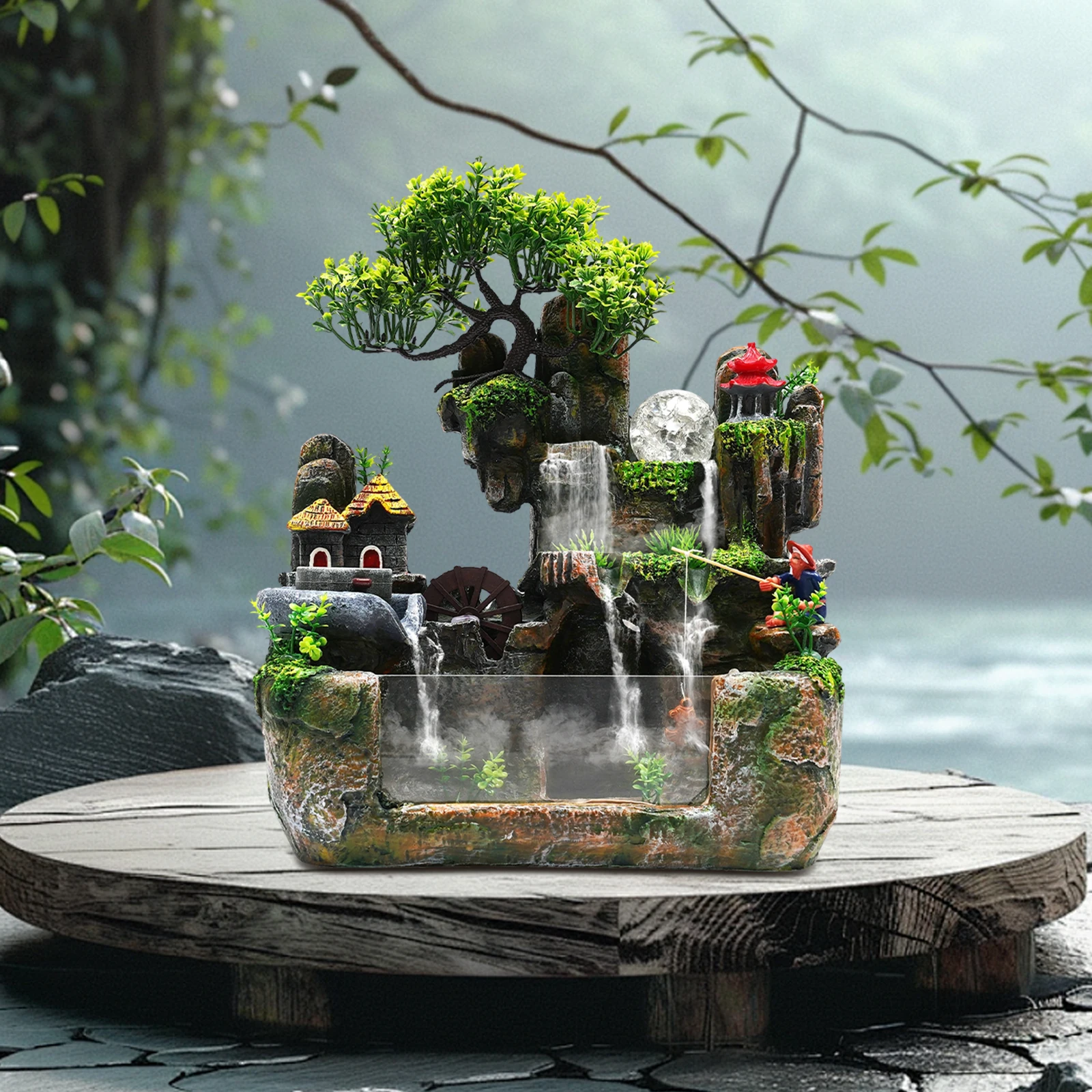 

110V Tabletop Fountain Mini Silent LED Waterfall Zen Meditation Desktop Resin Rockery Water Bonsai Home Office Decor Gifts