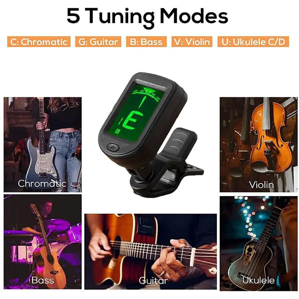 Guitar Tuner Multi-Instrument Tuner A4 Standard Frequency Electronic Clip-On Digital Guitar Tuner LCD Screen for Violin Bass