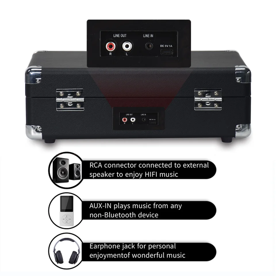 HUIOP Giradischi in vinile vintage Fonografo BT Registrazione USB 33/45/78 giri/min Supporto per giradischi in vinile da 7/10/12 pollici Giradischi