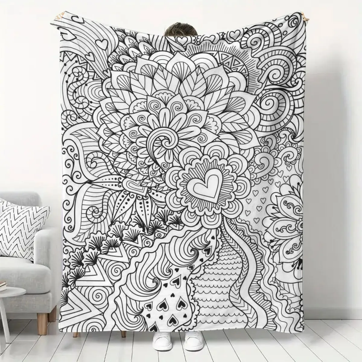 Line Art Mandala Floral Heart Doodle Decor Pattern Throw Blanket Soft Flannel Living Room Couch Bed Warm Home Decor Gift