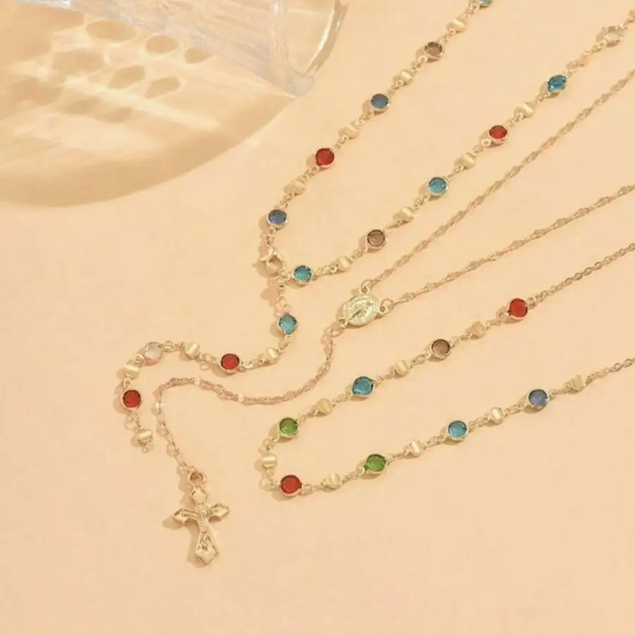 1/5/10/20/50/100pcs Women's Fashion Zinc Alloy Cross Pendant with Colored Glass Rhinestone Necklace, Vintage Elegant High-End Cl