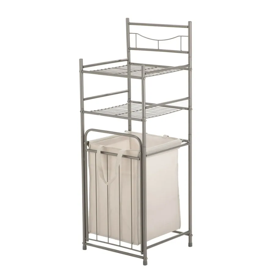 

2Shelf Steel Storage Shelf Unit with Hamper Silver Holds up to 20 lb Capacity