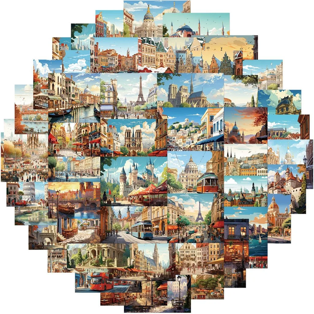 50-Piece Set No Duplicates: Nostalgic Vintage European Architecture Travel Scenery Stickers Decor Giajar Sticker Store