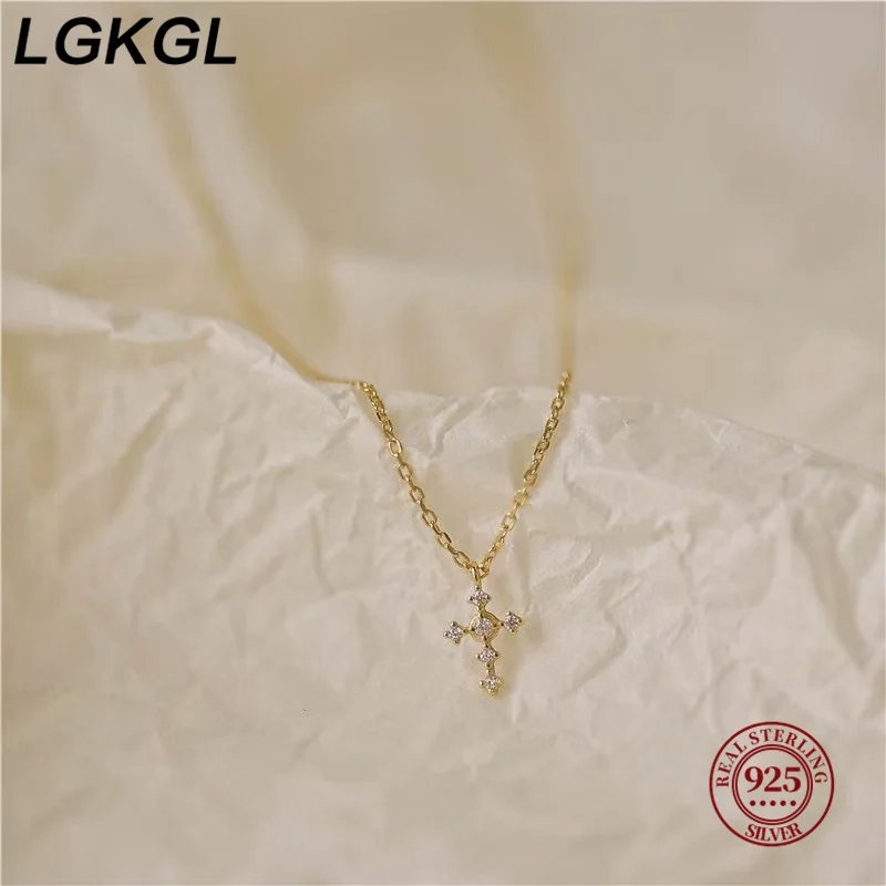 LGKGL ريال 925 فضة الزركون الصليب قلادة القلائد للنساء الحد الأدنى ضوء فاخر غرامة مجوهرات كوريا لطيف الملحقات