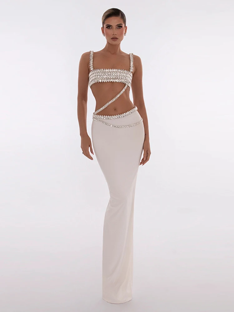 

Heavy Work Diamond Embellied White Wrap Bustle Skirt Slimming Two Piece Set Evening Gown with oulder Baring Strap Design