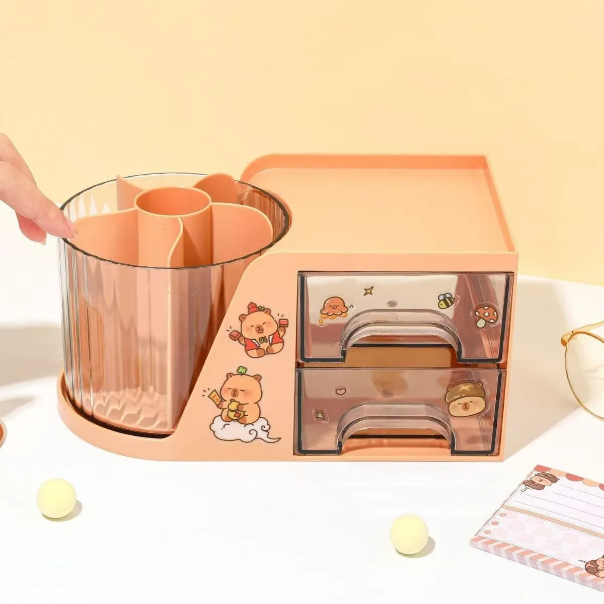 2025 Cartoon Capybara Rotating Pen Holder Tab Storage Box Organizer with Transparent Drawer Desktop Stationery Storage Rack Gift