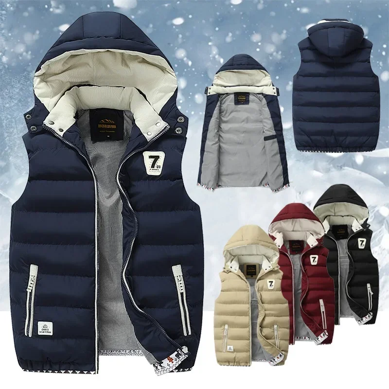 

5XL Men Winter Vests Hat Detachable Down Vest Casual Waistcoat Sleeveless Jackets Male Hooded Vest Outwear Warm Coats Windproof