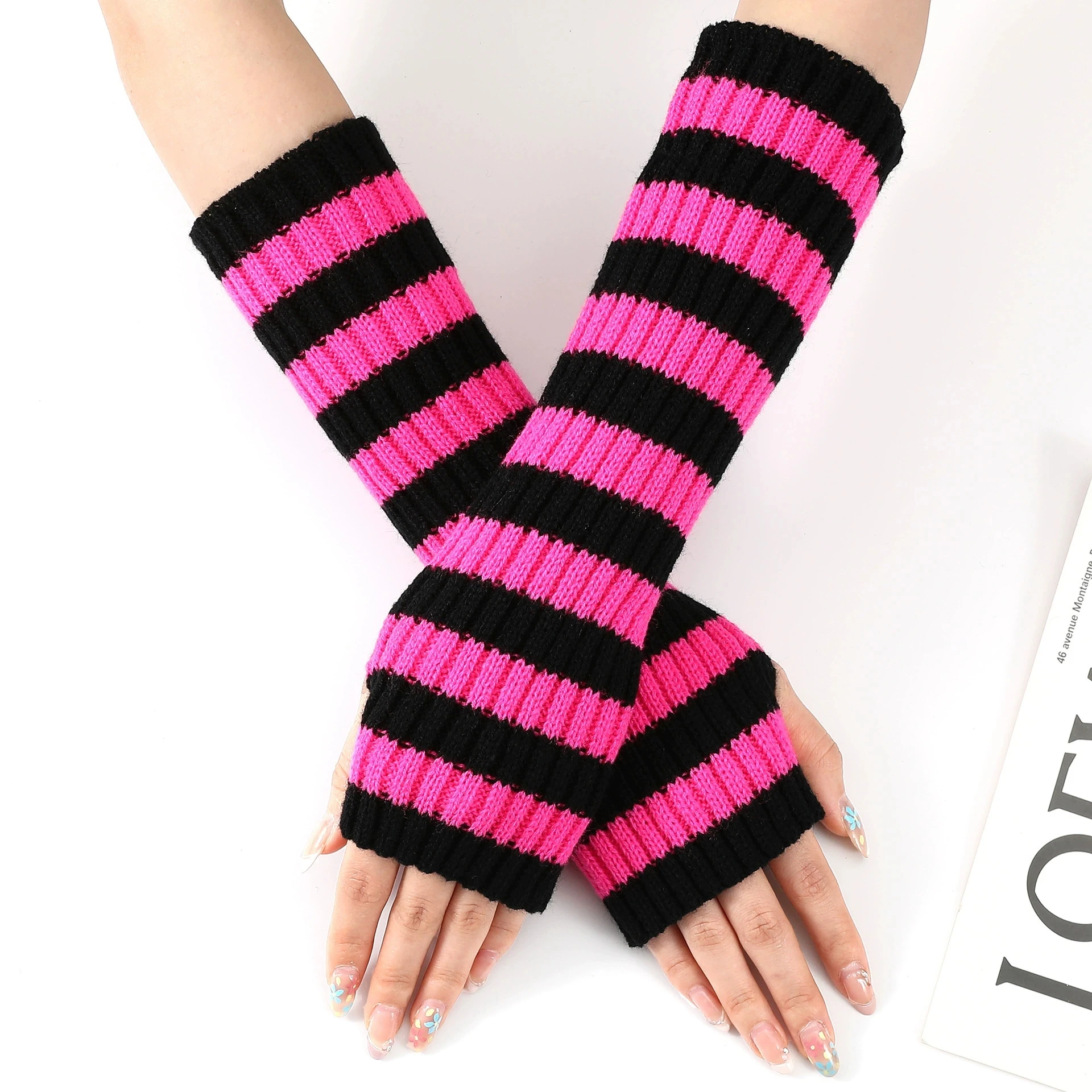 Aotvotee Autumn Winter Arm Warmers Women - Long Fingerless Knitted Gloves Striped Color Block Thermal Sleeve Covers Outdoo