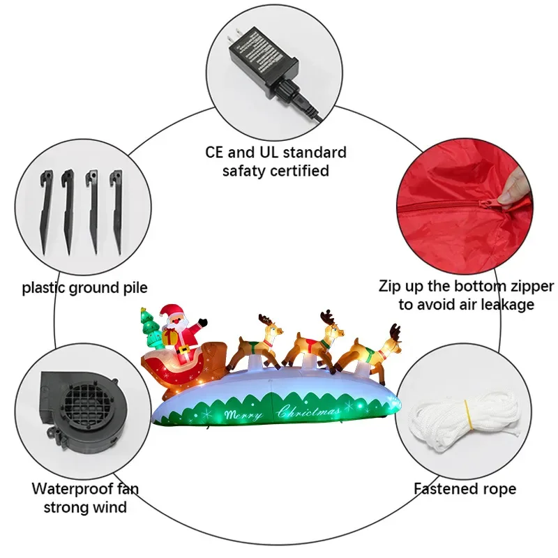 3m Inflatable Christmas Reindeer Sleigh with Santa Claus and Gift Box Outdoor Yard Lawn Holiday Air Blow Up Decoration for