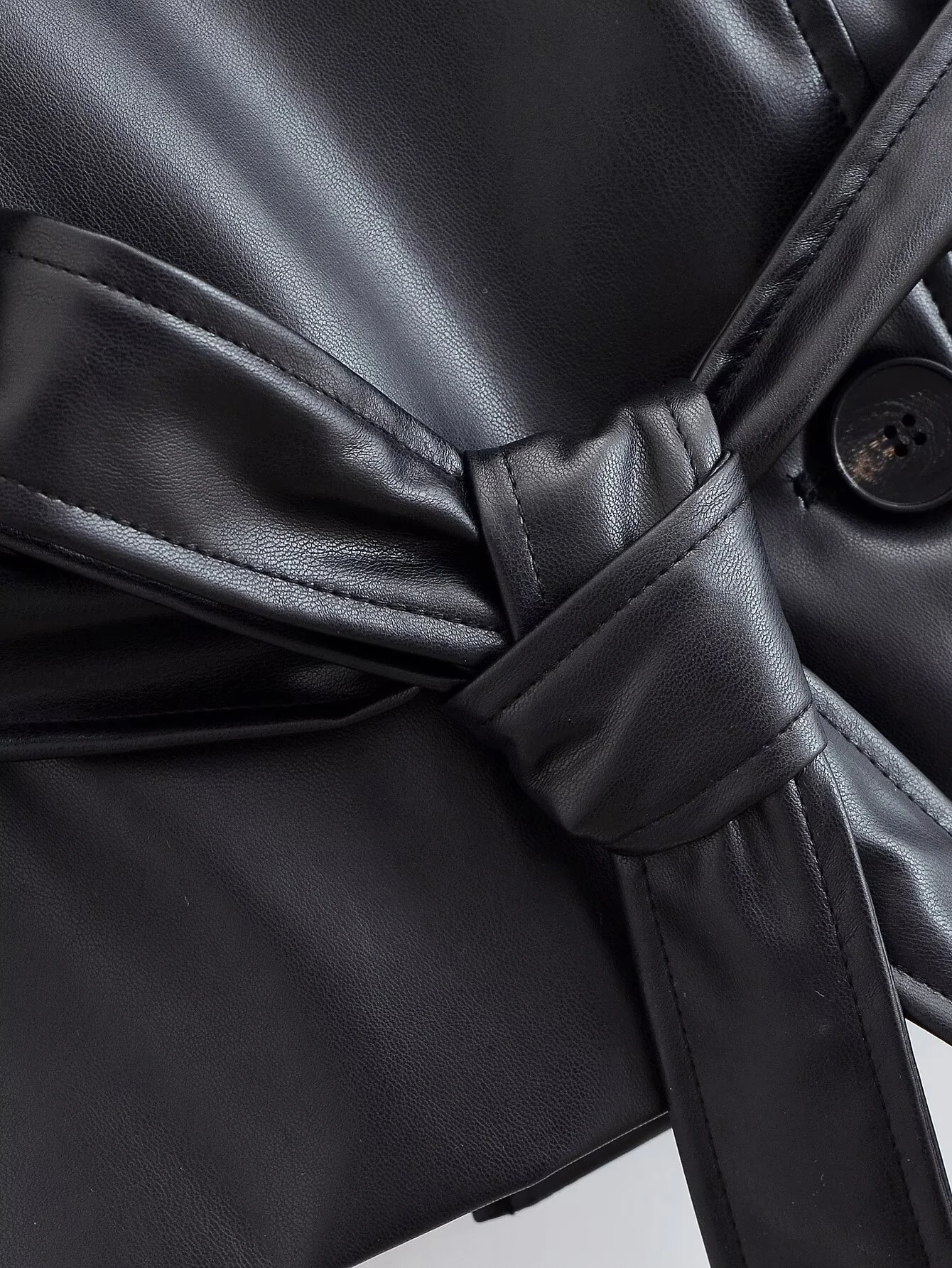 DEEABAE خريف منتج جديد للمرأة نمط قصير حزام جلد تقليد كم طويل سترة واقية قصيرة معطف جلد سترة #3