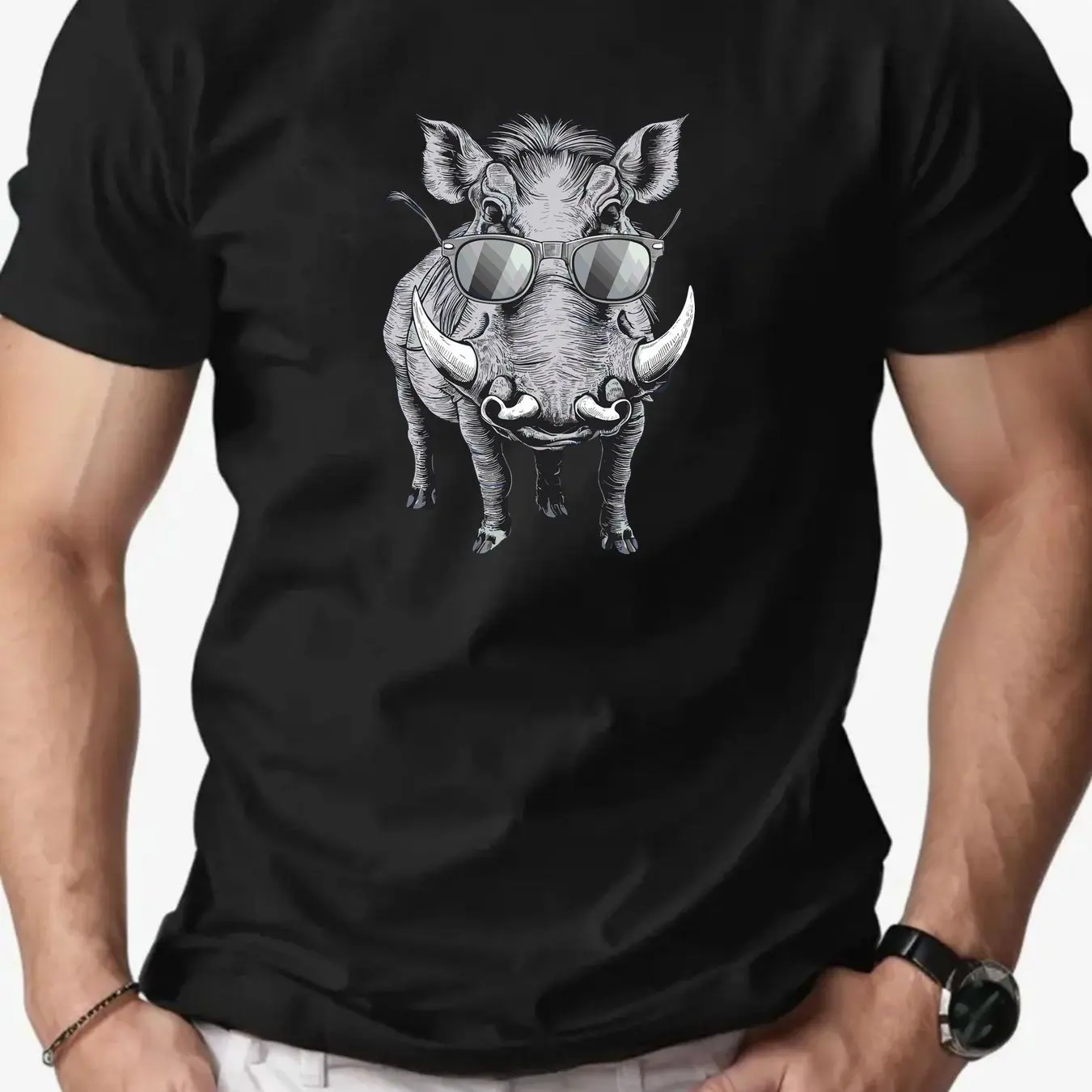 Men Blue Casual Graphic T-Shirt Wild Boar with Fashion Glasses Print Summer Short Sleeve Round Neck Tee Men Clothing