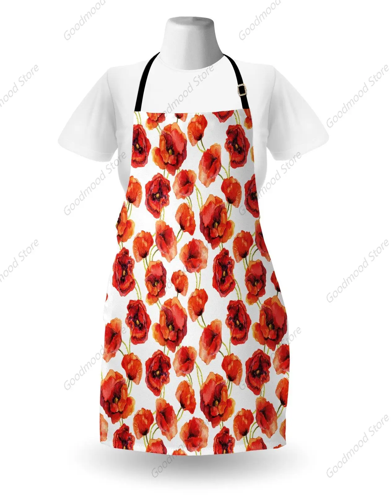 Flower Apron, Floral Pattern Poppies Art Grassland Print Design Style, Unisex Kitchen Bib with Adjustable Adult Size