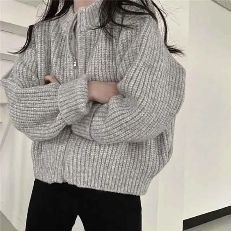 

Autumn Korean Knitted Zipper Cardigan Women Harajuku Loose Long Sleeve Mock Neck Casual Coats Solid Chic All-Match Crop Knitwear