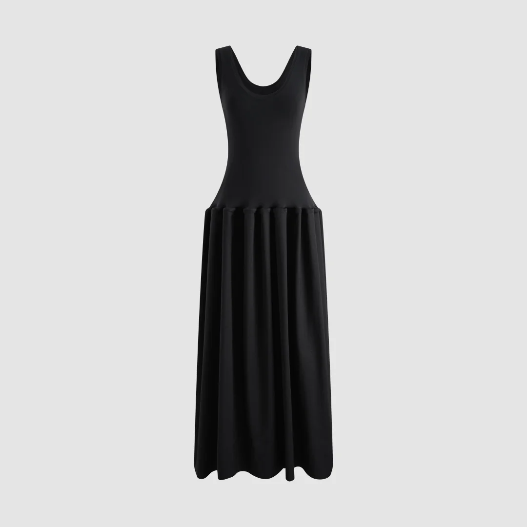 2026 Sculpted Fit & Flare Cotton Blend Midi Dress – Elegant Sleeveless U-Neck Black Gown with Pleated Skirt