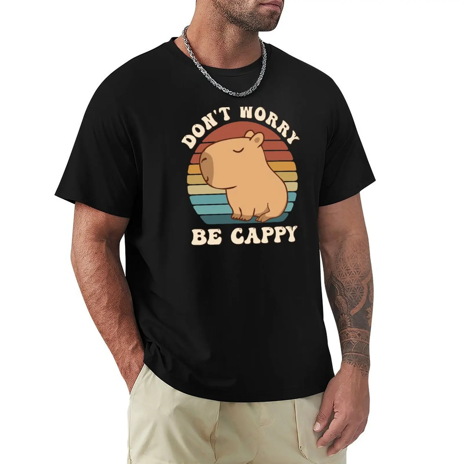 Retro Rodent Capybara Dont Be Worry Be Cappy Funny Saying T-Shirt Basic Daily Outfit Short Sleeve Tee