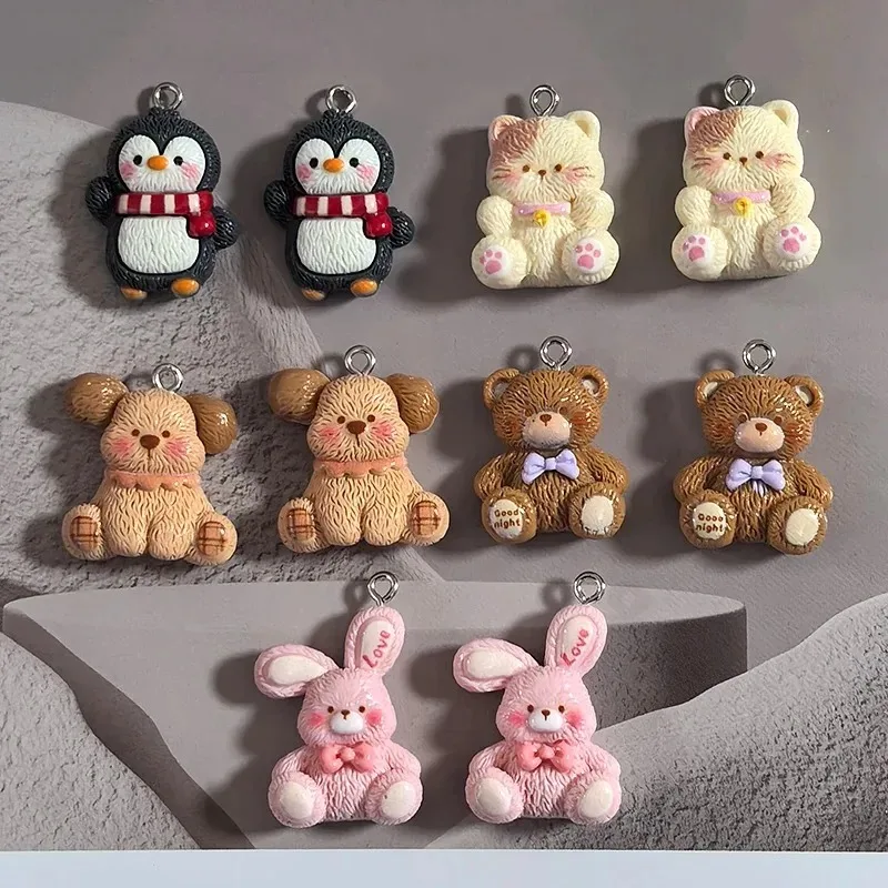 10Pcs Kawaii Mixed Animal Resin Charms Cute Penguin Bear Cat Rabbit Dog Pendant Accessories for DIY Earring Jewelry