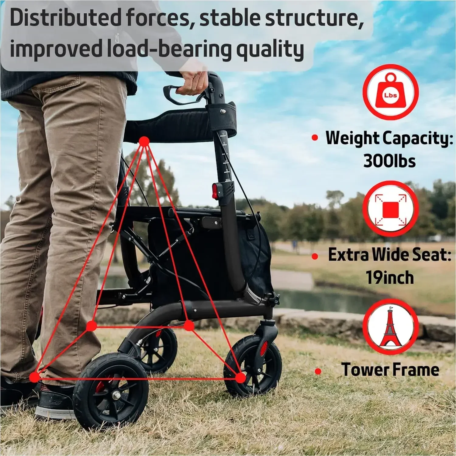 Andador rollator Henmnii para personas mayores, andador rodante plegable ligero para todo terreno con asiento, andadores de aluminio con frotar de 8 pulgadas