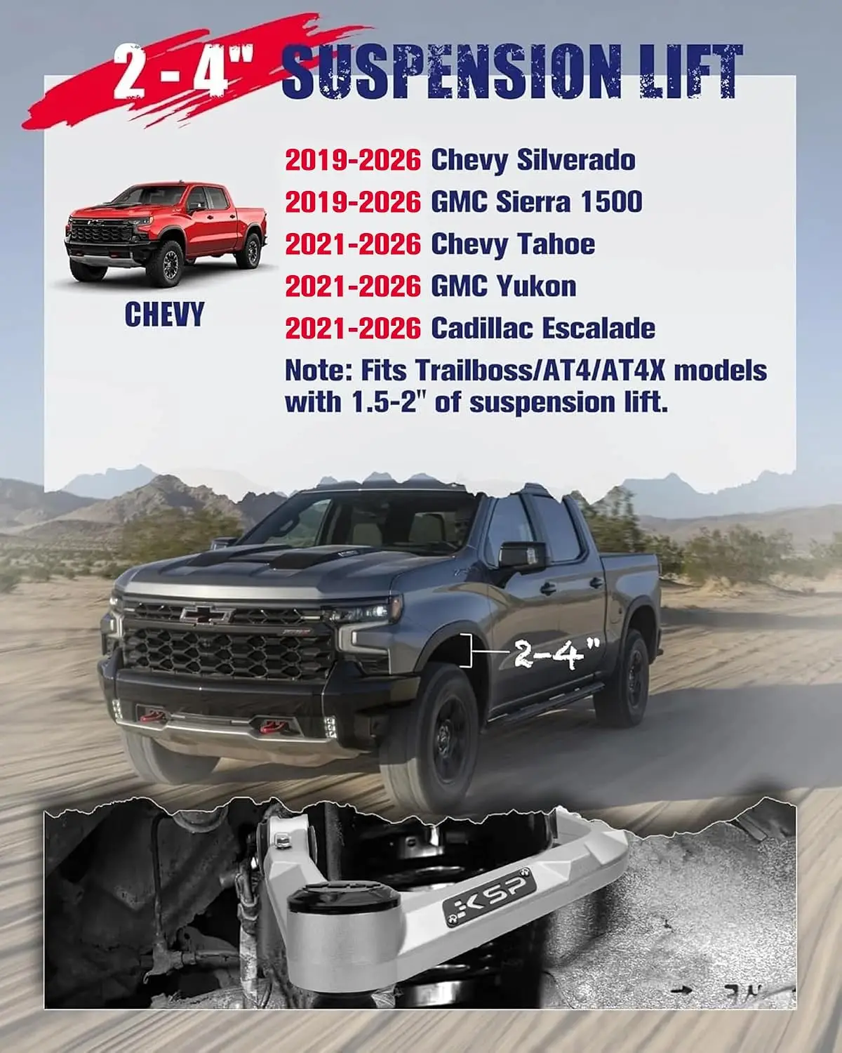 Upper Control Arms 2-4in for Chevy GMC Silverado Sierra 1500 2019-2026, Aluminum UCA Set, Rubber Bushings, 3 Ball Joints, Silver