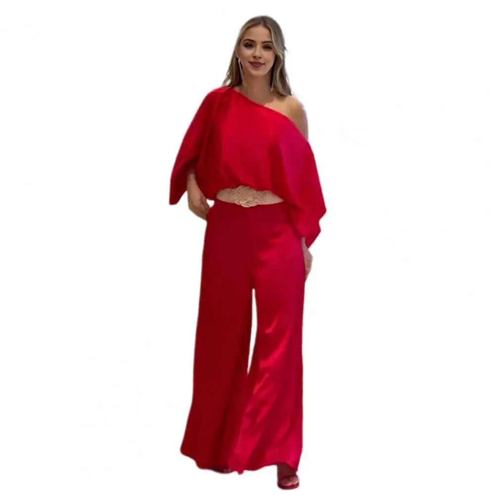 Women Commuter Suit Elegant 3d Rose Print Women's Top Pants Set with One Shoulder Design Bat Sleeve Blouse High Waist for Ol