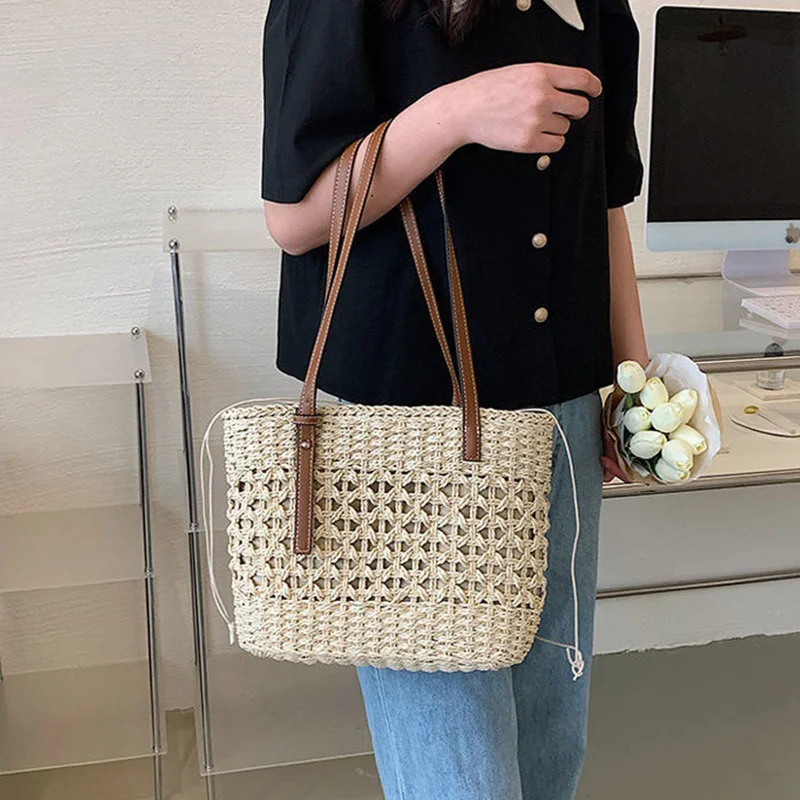 Casual Rattan Large Capacity Shopping Tote Designer Wicker Woven Women Handbags Summer Beach Straw Bag Lady Travel Big Basket