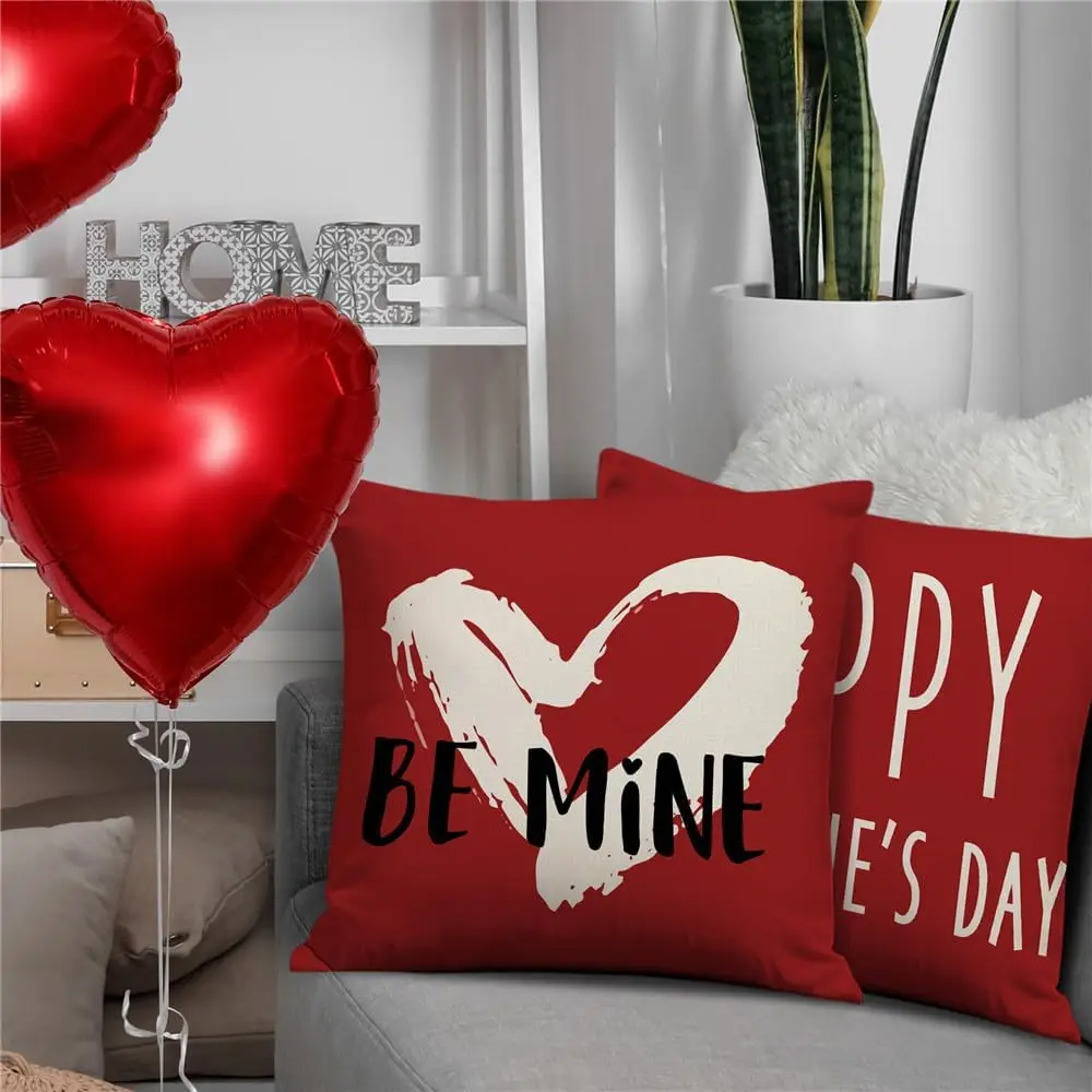 4Pcs Double‑Sided Valentine's Day Pillow Covers, Rustic Linen‑Imitated Love Theme Cushion Cases for Sofa Home Holiday Decor