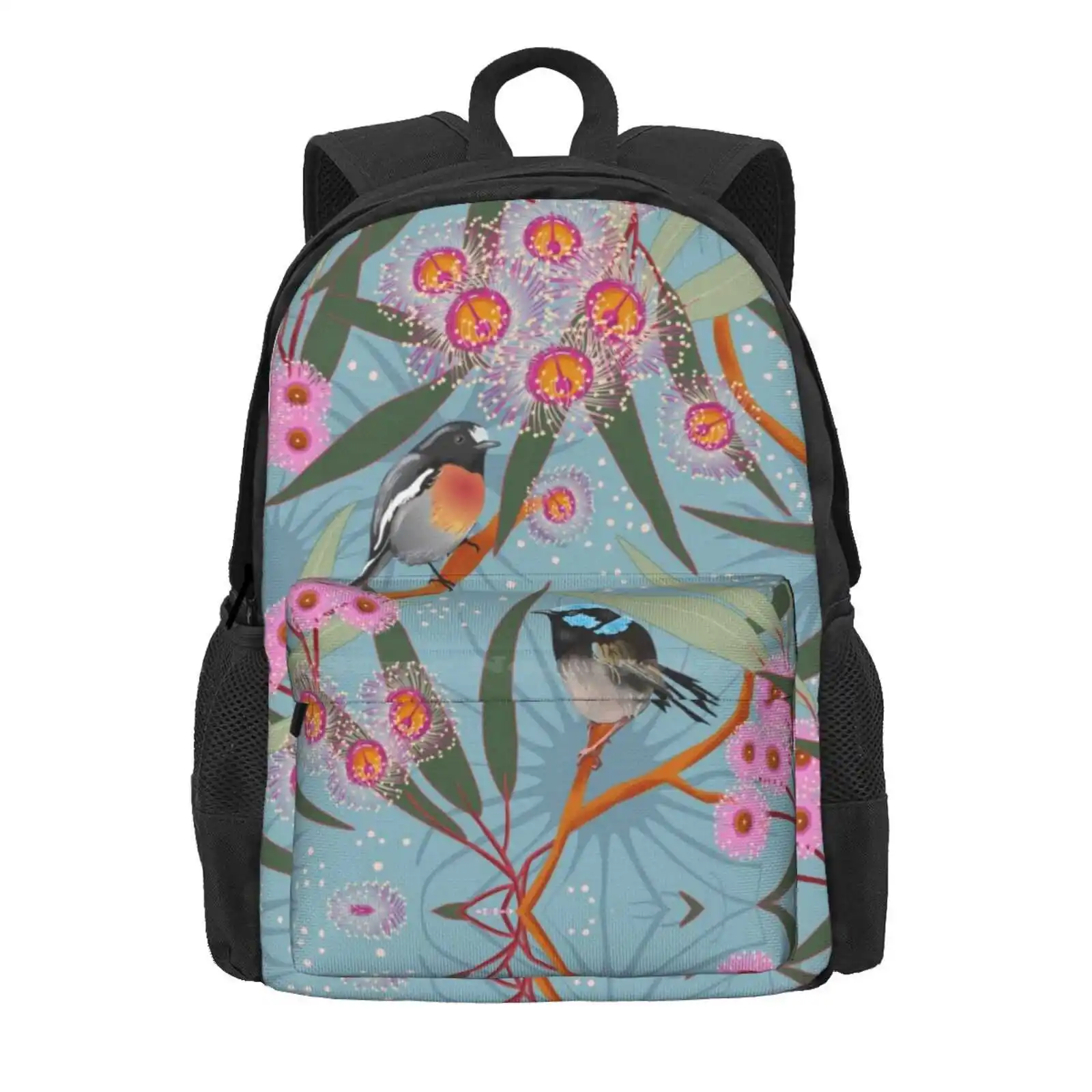 Australian Eucalyptus Flowers With Fairy Wren And Robin Hot Sale Schoolbag Backpack Fashion Bags Eucalyptus Flowers Floral Pink