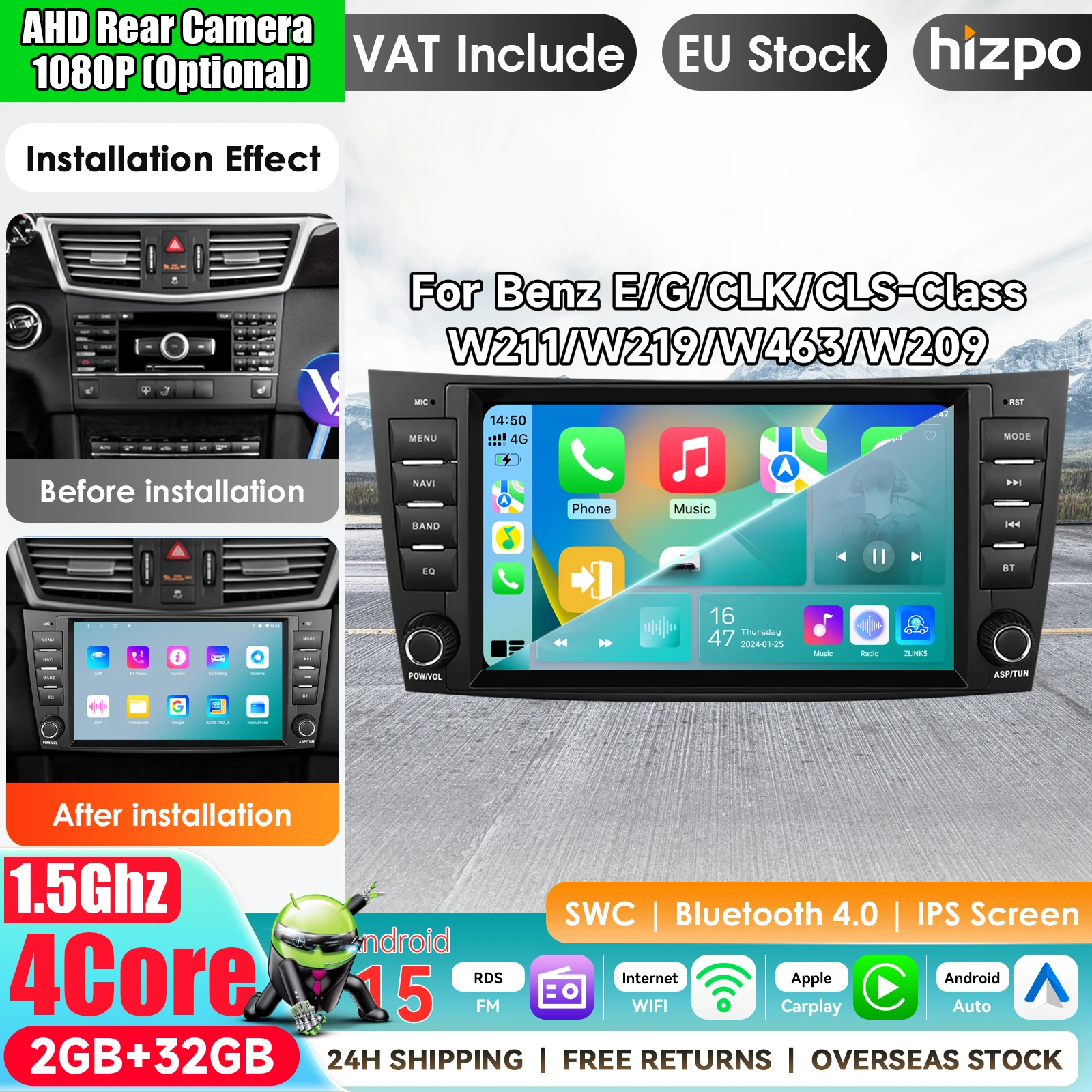 Hizpo 7-Zoll Android Autoradio für Mercedes-Benz E-Klasse W211 2002-2009 CLS-CLK-G-Klasse W463 W209 W219 Multimedia Carplay Player 2Din Stereo Autoradio Navigation GPS Auto KI-Intelligentes System