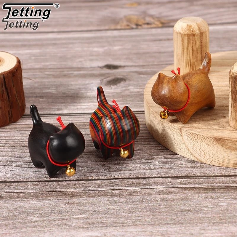 Cute Wooden Cat Carved Statue Miniature Rainbow Cat Figurine Desktop Ornament Sculpture Bookcase Bedroom Living Room Table Decor