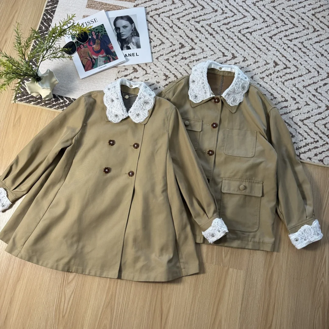 

High quality new detachable lace collar mid length windbreaker, workwear style casual jacket