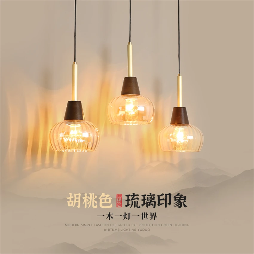 New Chinese coffee color glass pendant lights restaurant walnut Led dining table lamp bedside single hanging lights fixtures