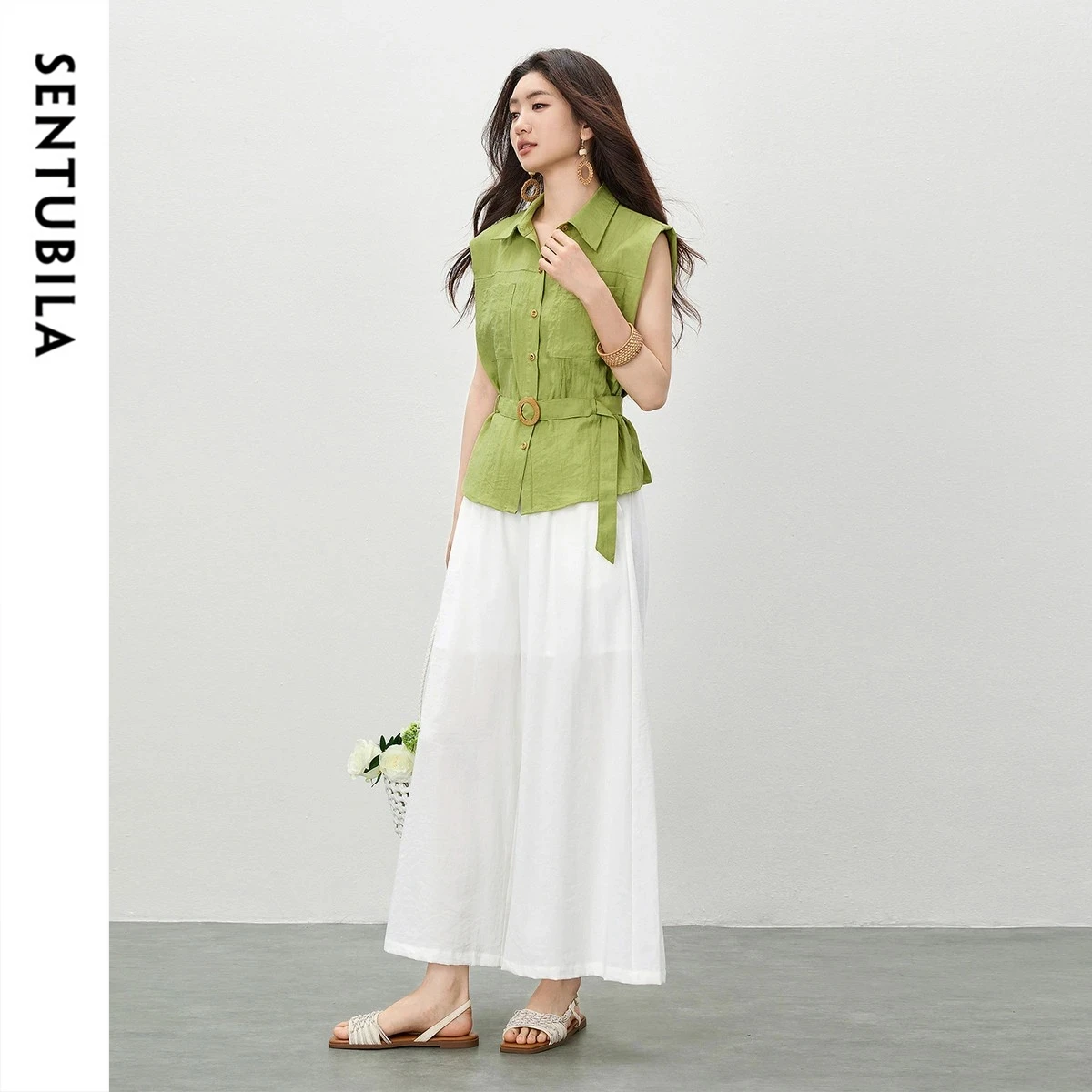 

SENTUBILA Women's Casual Outfit 2026 Summer Lapel Sleeveless Shirt Elastic Waist Cropped Wide Leg Pant 2 Piece Set W62ZA6863