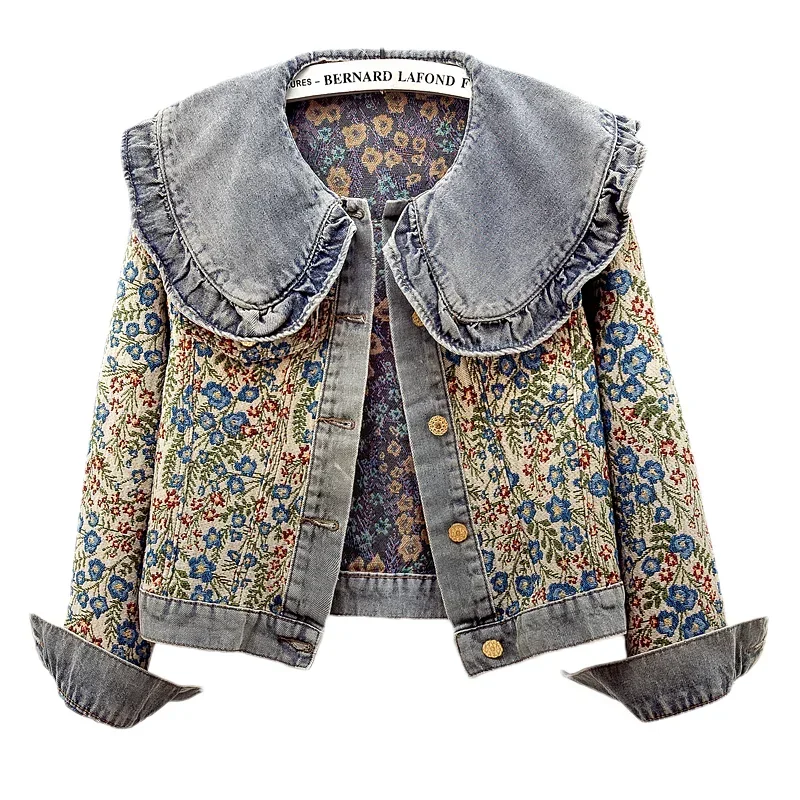 Volants broderie Jacquard col claudine épissé veste en jean femmes court Cowboy vêtements d'extérieur jean veste femme Chaquetas Mujer