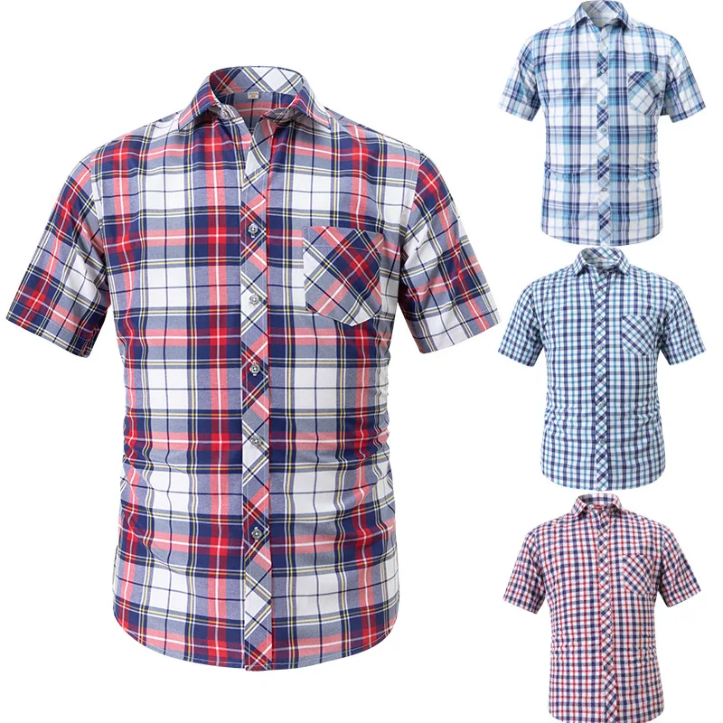 New Mens Shirt Short-sleeve Summer Fashion Leisure Design Plaid Slim Dress Formal Social Shirts Soft Button Down Male Clothes