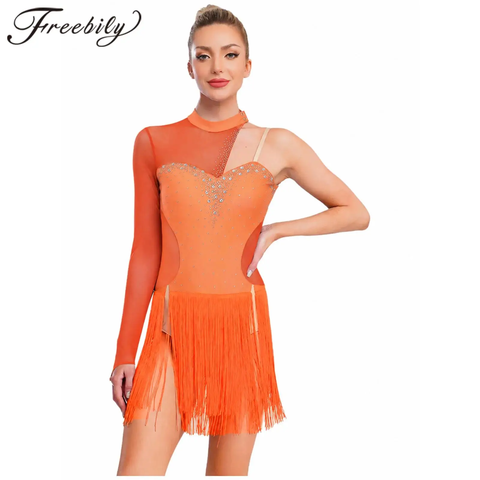 Adult Sleeveless Tassel Rumba Leotard Dress Women Sequins Fringed Bodysuit Latin Dance Costume Tango Cha-Cha Samba Dancewear