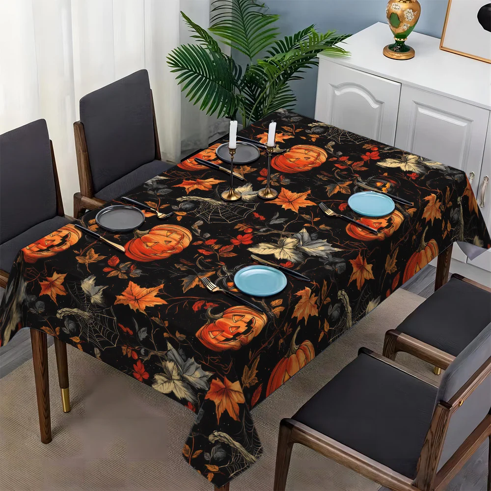 One Halloween-themed pumpkin and autumn leaf spider web retro hand-drawn 2D flat design square tablecloth -