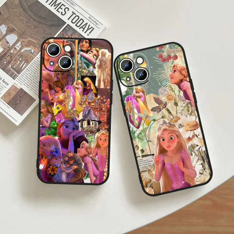 Disney Beautiful Tangled Black Silicone Phone Case For Apple iPhone 15 14 13 12 mini 11 XS XR X 8 7 Pro Max Plus Soft Cover Capa