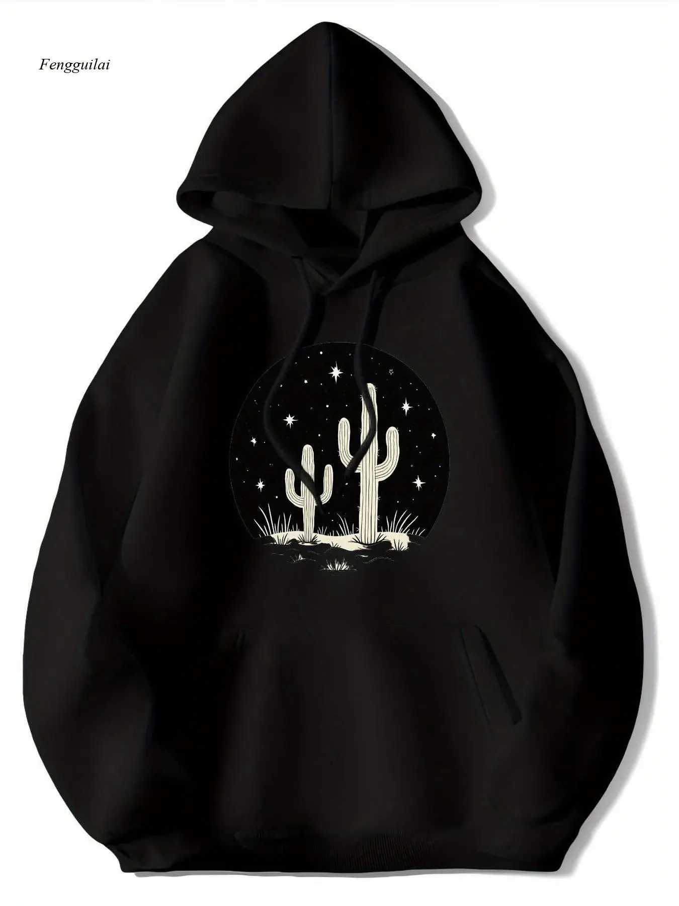

Толстовка с капюшоном Desert Night — черный, с белым пуловером с принтом кактуса и звезд | Всесезонная повседневная толстовка с капюшоном