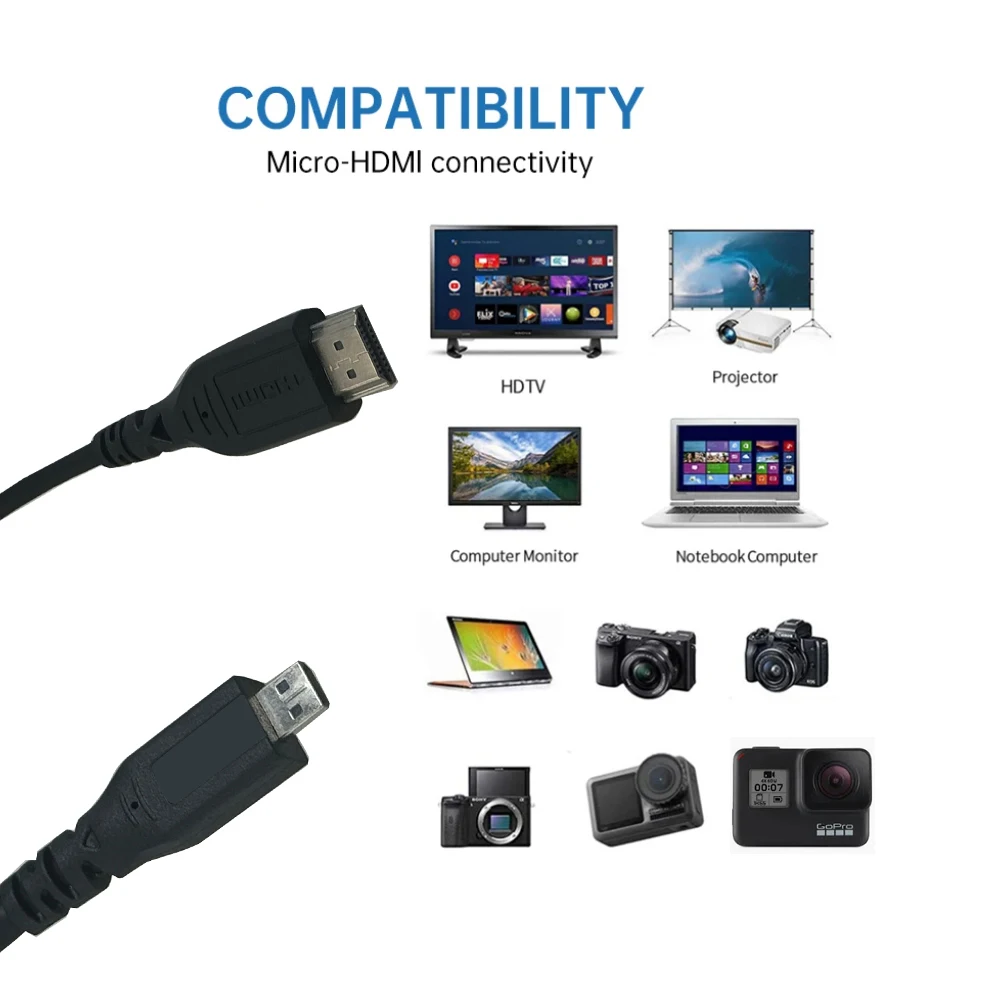 Short Micro HDMI Cable 4K 60Hz Bi-direction HDMI to Micro HDMI Adapter Cable for GoPro Hero 7 Black Hero 5 4 6 Raspberry Pi 4