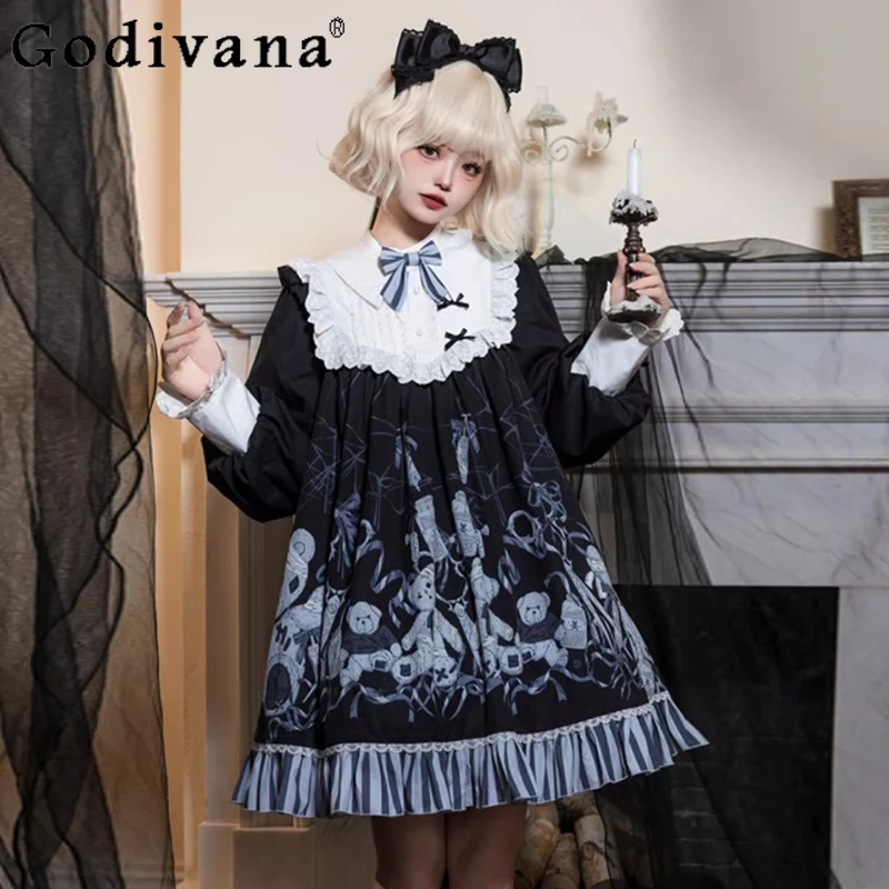

Oversize Lolita Long Sleeve Dresses Girls Black Gothic Dark Cos Dress Loose Slim Cute Bear Print Y2K Dress for Women Vestidos
