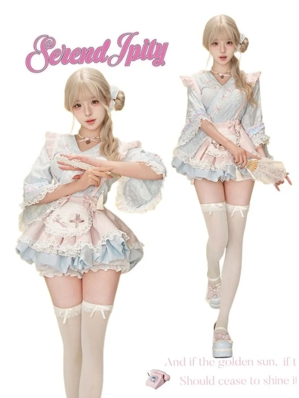 Dophee สไตล์ญี่ปุ่นสาวหวาน Lolita ชุดลูกไม้พิมพ์ V คอเสื้อ + น่ารักโบว์ Suspender กระโปรงผู้หญิงชุด